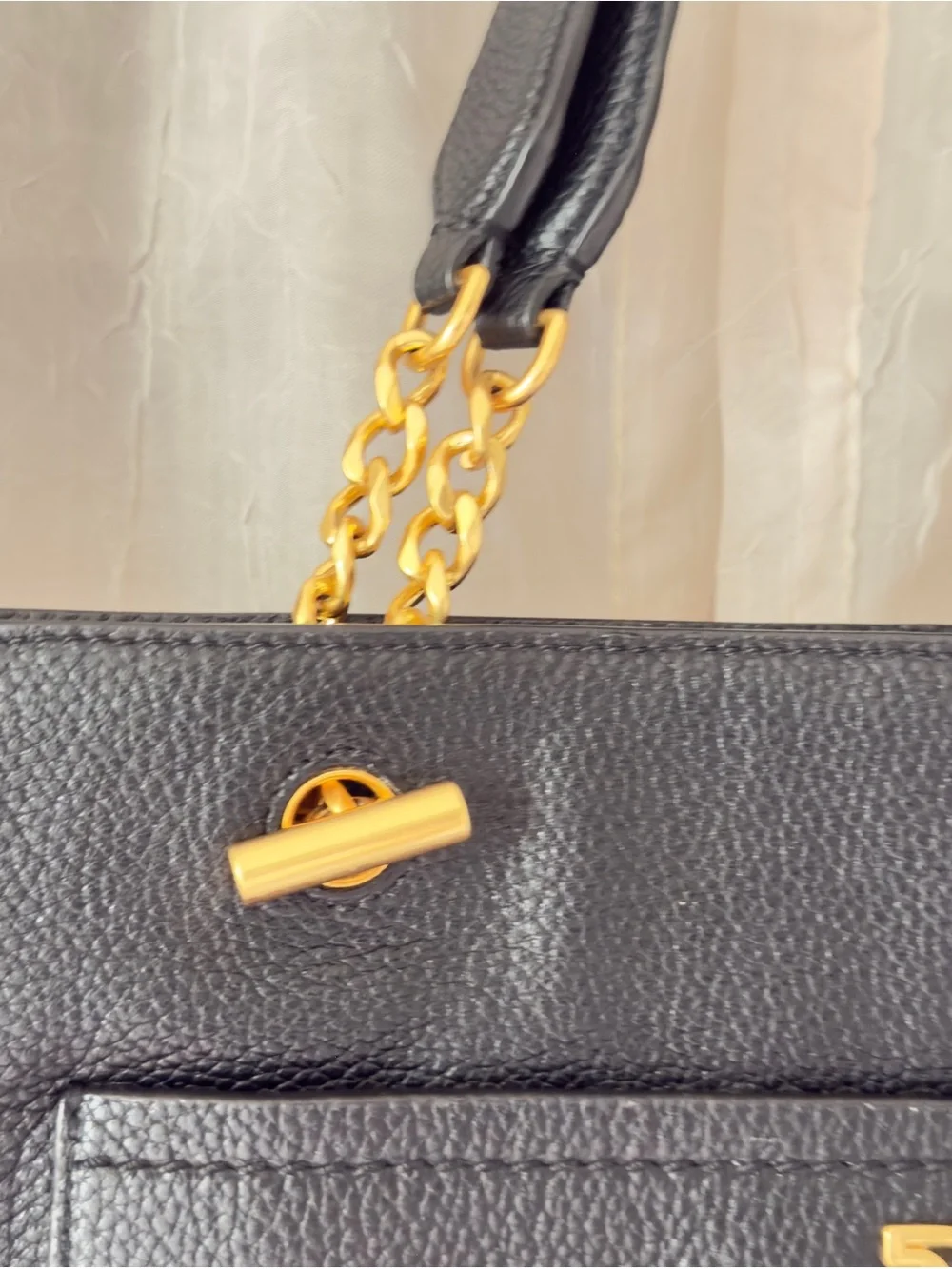 Tory Burch Black Pebbled Leather Tote with Gold Logo